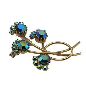 Vintage AB Rhinestone Floral Spray Brooch Blue Aurora Borealis Pin